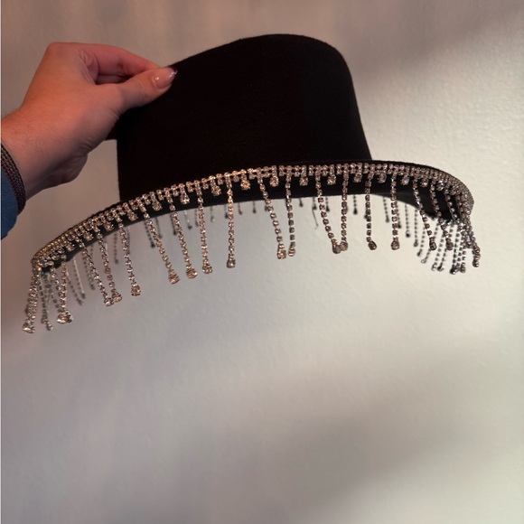 BLACK RHINESTONE TASSEL TRIM COWBOY HAT - Picture 3 of 3